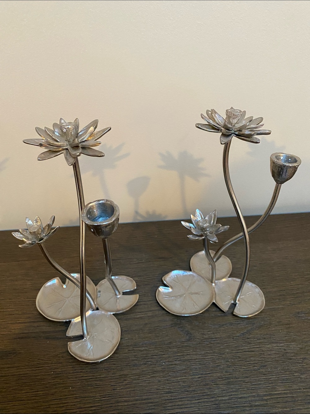 Silver Lotus Floral Candle Holder Set